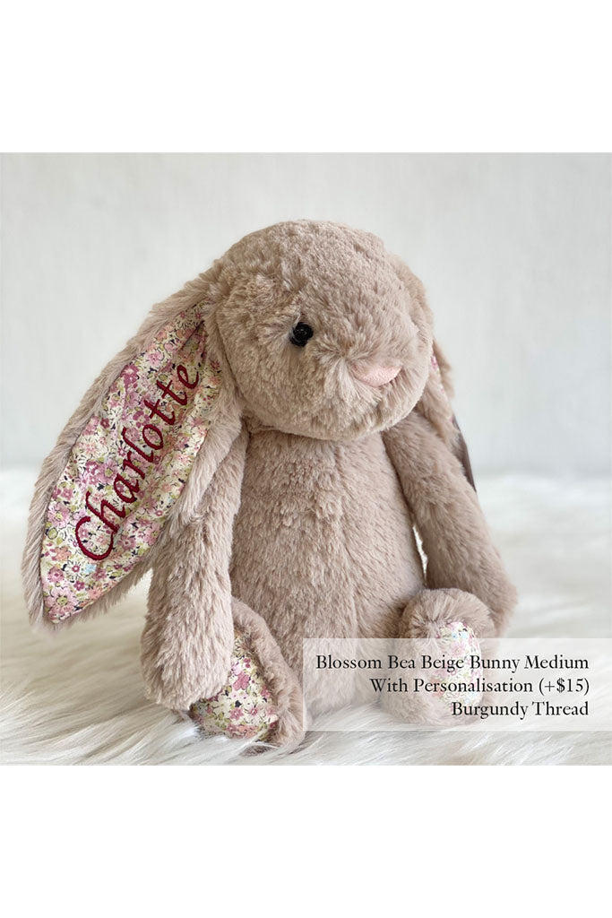 Jellycat Blossom Bea Beige Bunny with Burgundy Thread