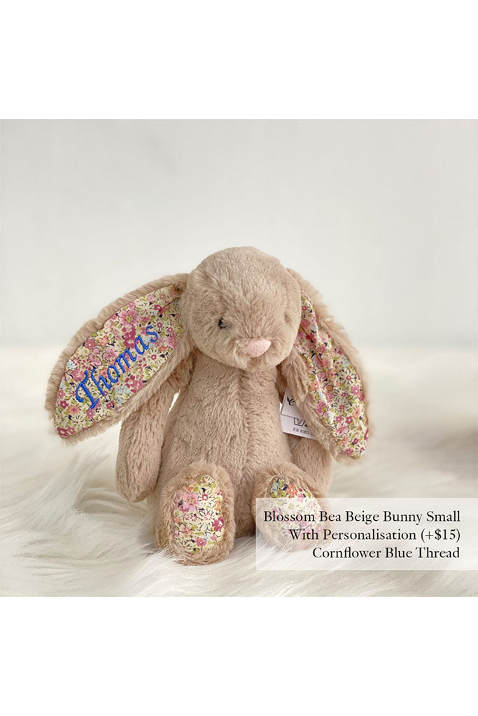Jellycat Blossom Bea Beige Bunny Small with Cornflower Blue Thread