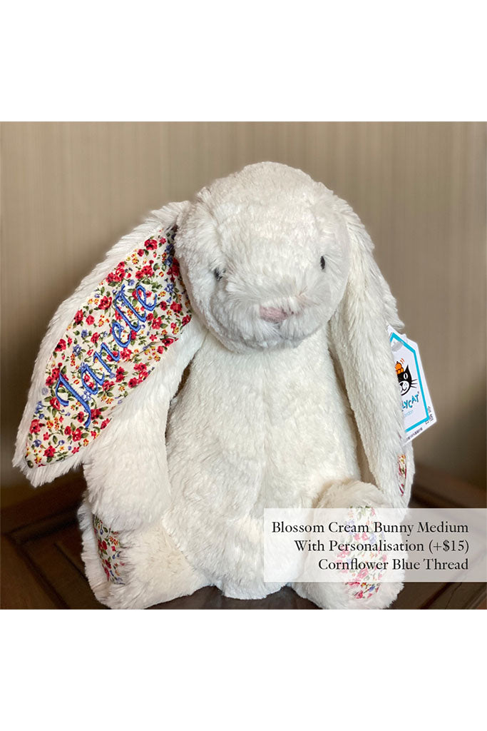 Jellycat Blossom Cream Bunny Medium with Cornflower Blue Thread | The Elly Store