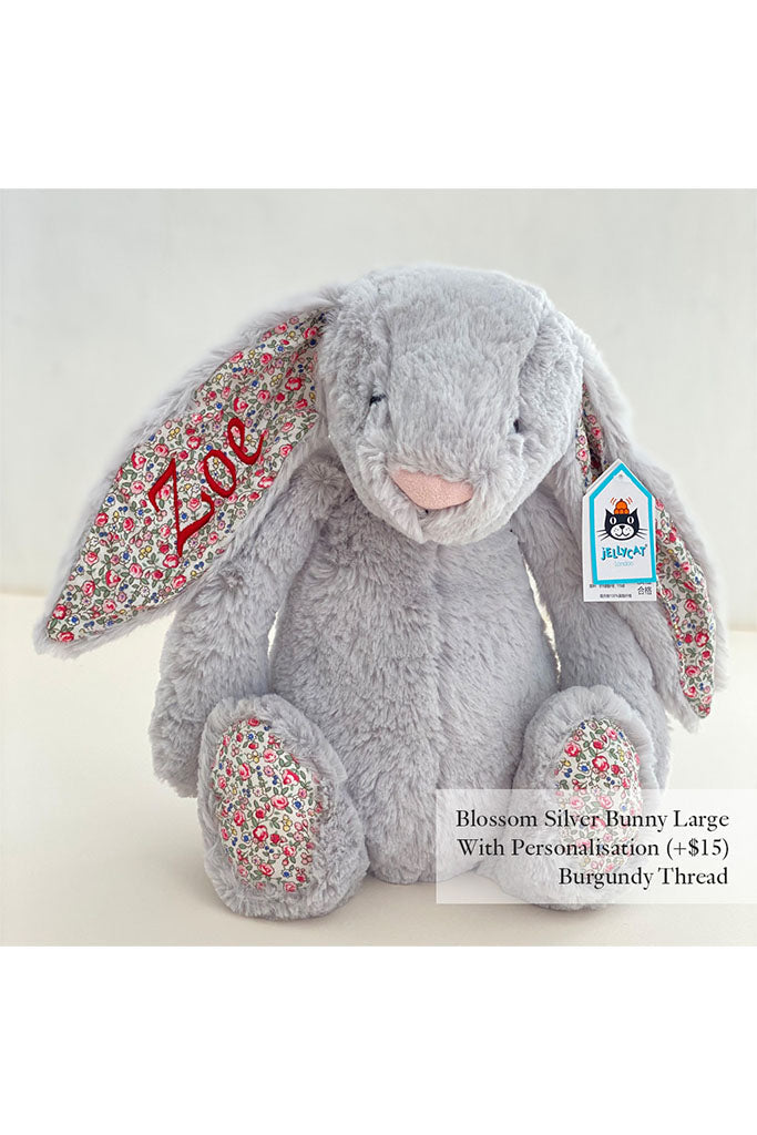 Jellycat Large Blossom Bunny Plush Toy in Silver with Burgundy Thread | The Elly Store