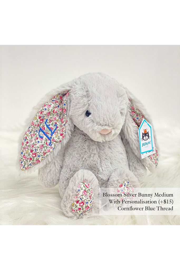 Jellycat Blossom Bunny Plush Toy in Silver with Cornflower Blue Thread | The Elly Store