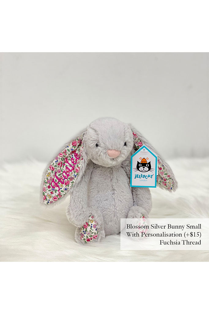 Jellycat Small Blossom Bunny Plush Toy in Silver with Fuchsia Thread | The Elly Store