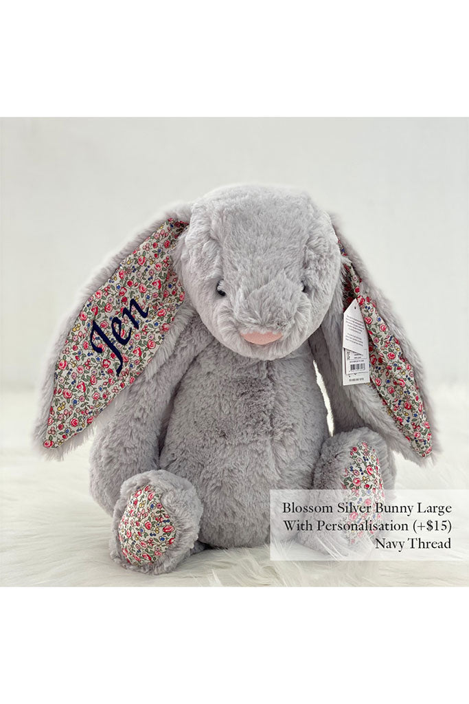 Jellycat Large Blossom Bunny Plush Toy in Silver with Navy Thread | The Elly Store