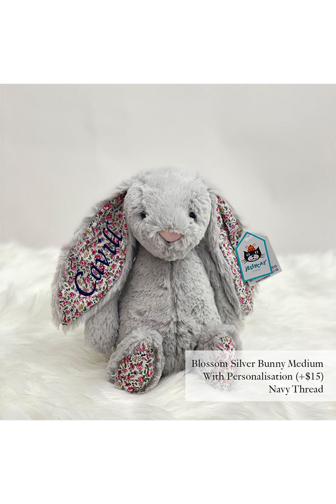 Jellycat Medium Blossom Bunny Plush Toy in Silver with Navy Thread | The Elly Store