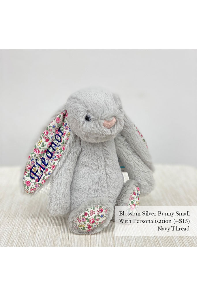 Jellycat Small Blossom Bunny Plush Toy in Silver with Navy Thread | The Elly Store