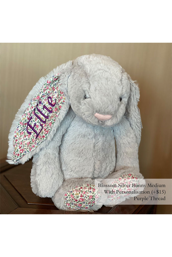 Jellycat Blossom Bunny Plush Toy in Silver with Purple Thread | The Elly Store