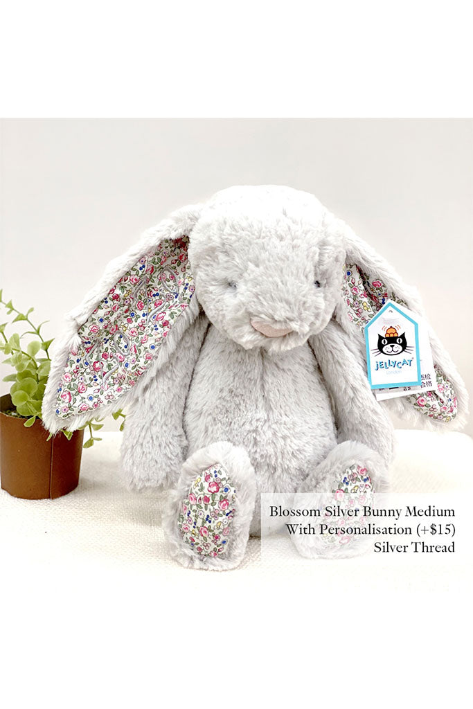 Jellycat Blossom Bunny Plush Toy in Silver with Silver Thread | The Elly Store