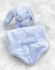 Blue bunny with blue thread blanket, personalized for Brynner.
