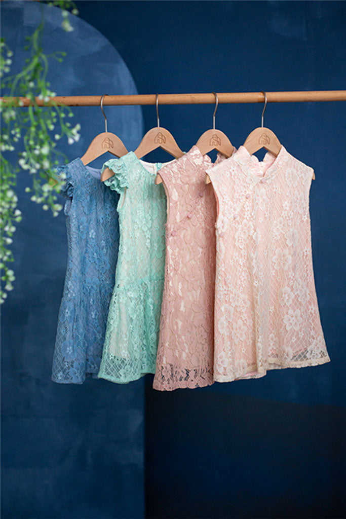 Emelie Lace Dress - Teal on Cream | Chinese New Year 2022 | The Elly Store Singapore
