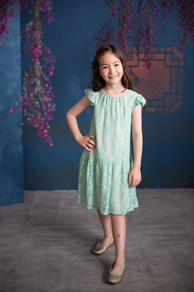 Emelie Lace Dress - Teal on Cream | Chinese New Year 2022 | The Elly Store Singapore