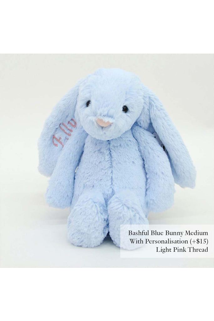 Jellycat Bashful Bunny Baby Blue Medium with Light Pink Thread