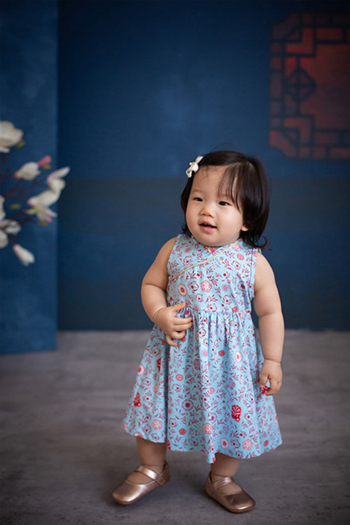 Jersey Flare Cheongsam - Blue Lion Flower | Chinese New Year 2022 | The Elly Store Singapore