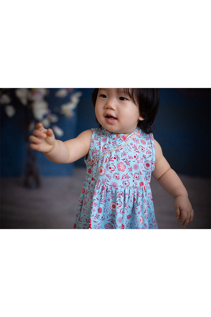 Jersey Flare Cheongsam - Blue Lion Flower | Chinese New Year 2022 | The Elly Store Singapore