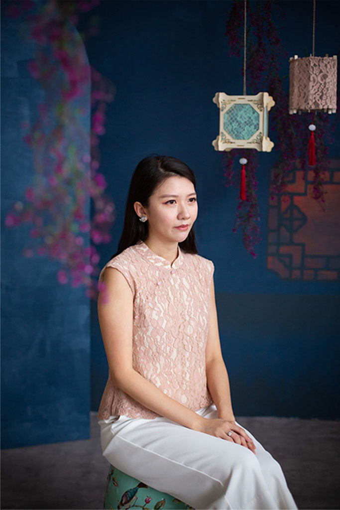 Ladies Lace Blouse - Pink on Cream | CNY2022 | The Elly Store Singapore