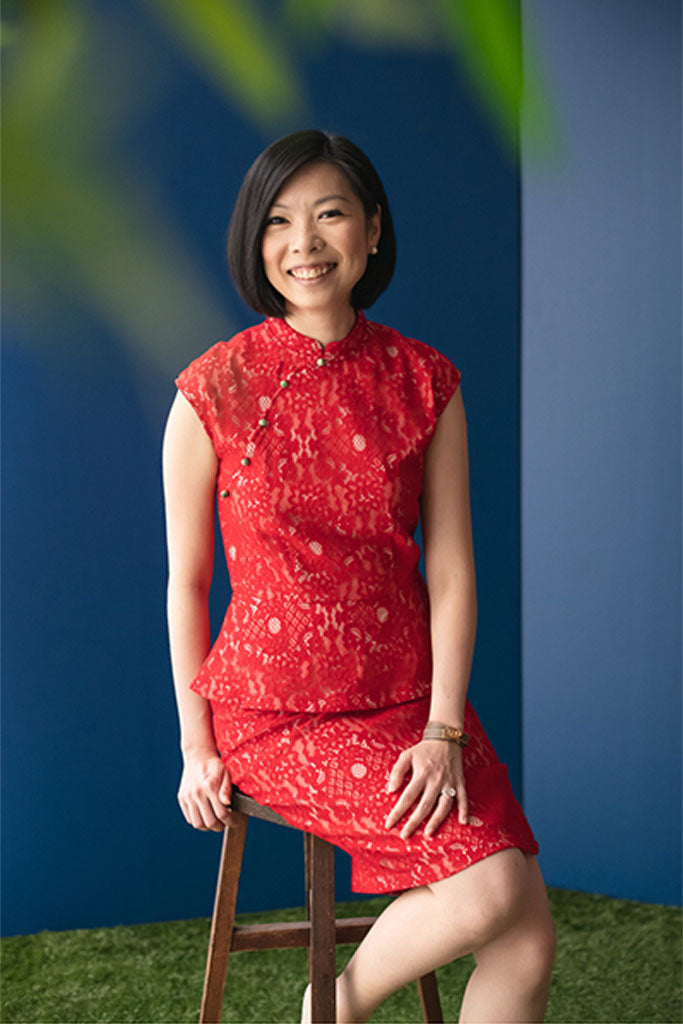 Ladies Peplum Cheongsam - Red/Pink Lace | CNY2020 | The Elly Store Singapore