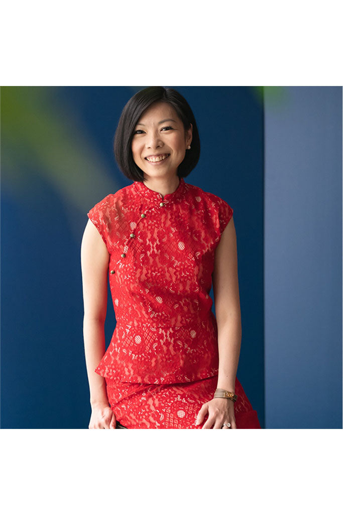 Ladies Peplum Cheongsam - Red/Pink Lace | CNY2020 | The Elly Store Singapore