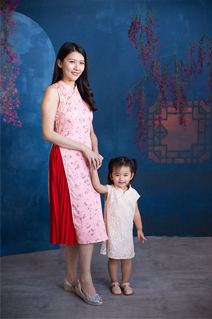 Ladies Wrap Cheongsam - Pink Peonies | CNY2022 Twinning Family Sets | The Elly Store Singapore