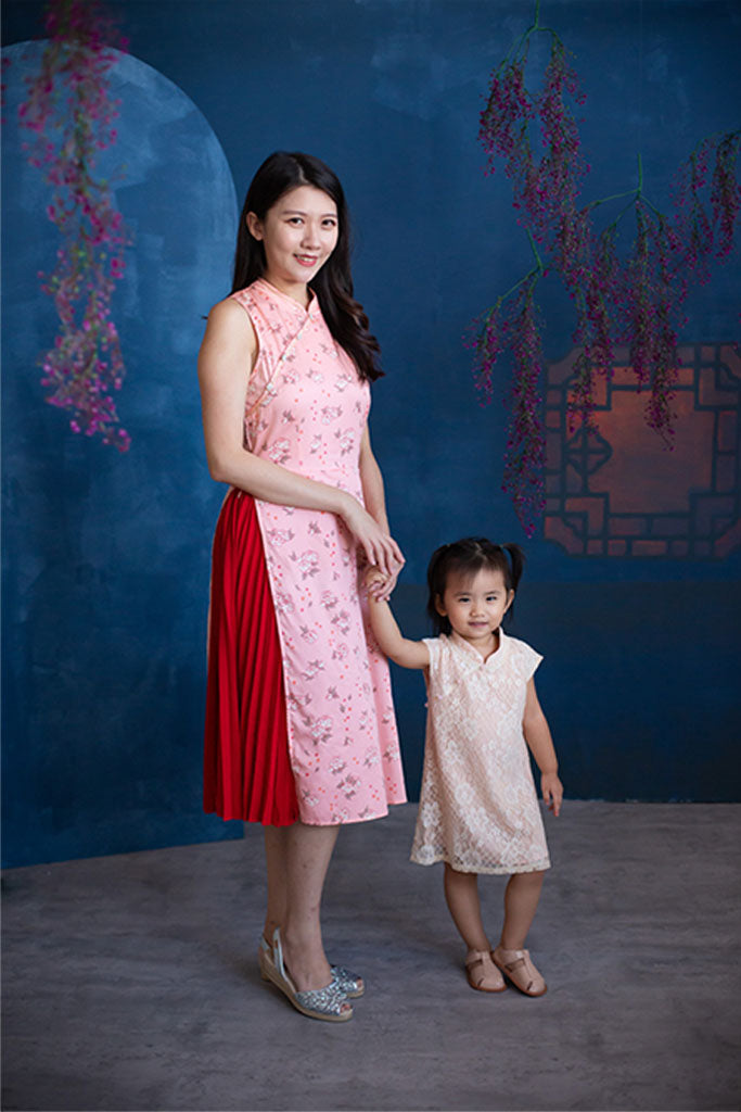 Ladies Wrap Cheongsam - Pink Peonies | CNY2022 Twinning Family Sets | The Elly Store Singapore