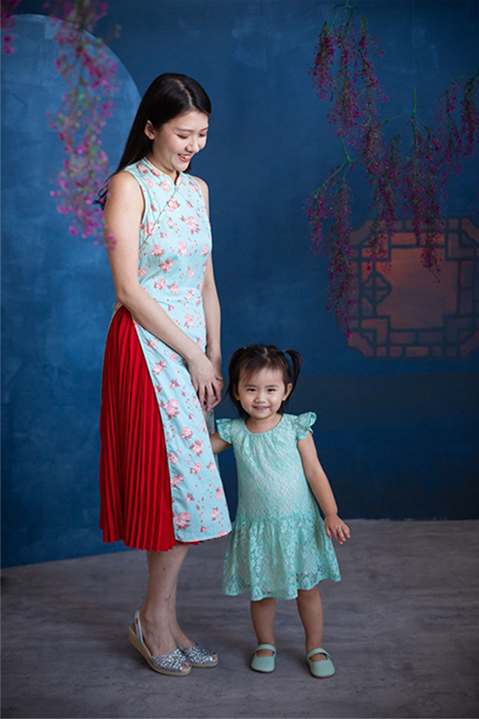 Ladies Wrap Cheongsam - Teal Peonies | CNY2022 Twinning Family Sets | The Elly Store Singapore