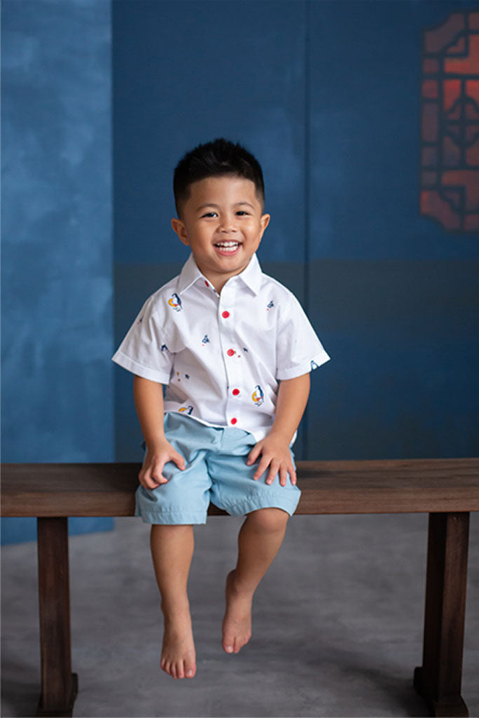 Little Man Shirt - White Beach Day | CNY2022 Boys Shirts | The Elly Store Singapore
