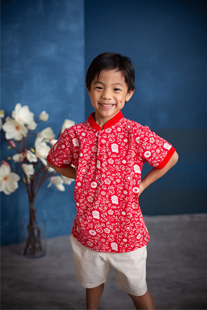 Mandarin-collared Polo Tee - Red Lion Flowers | CNY2022 Twinning Family Set | The Elly Store Singapore