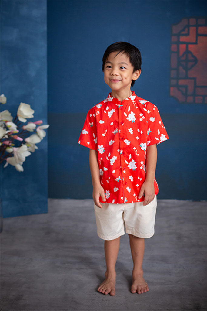 Mandarin-collared Shirt - Red Sakura | CNY2022 Family Twinning Set | The Elly Store Singapore