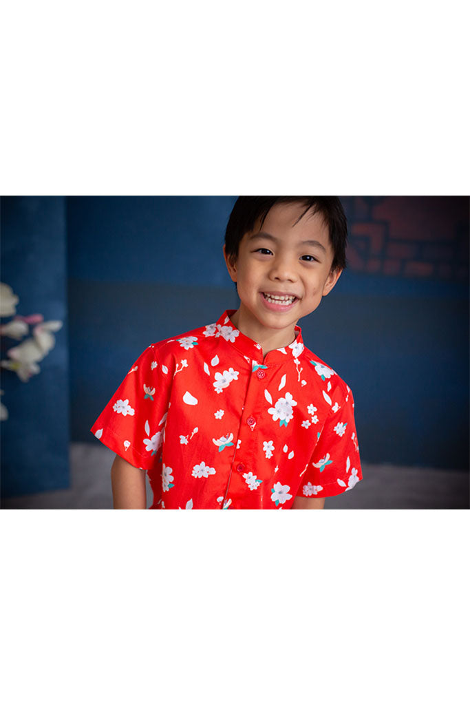 Mandarin-collared Shirt - Red Sakura | CNY2022 Family Twinning Set | The Elly Store Singapore
