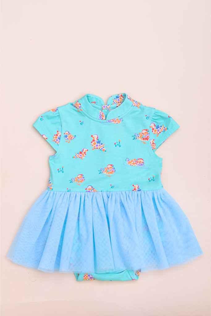 Mandarin-collared Tulle Onesie - Turquoise Mandarin Ducks | CNY2023 Family Twinning Set | The Elly Store Singapore