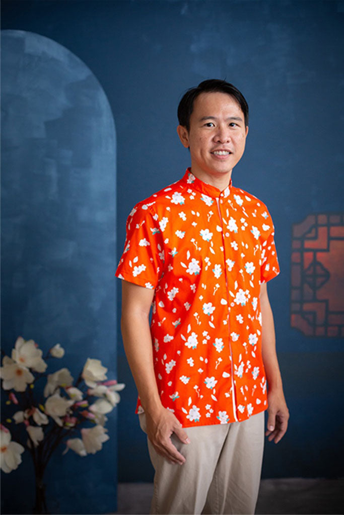Men's Mandarin-collared Shirt - Sunset Sakura | CNY2022 Family Twinning Set | The Elly Store Singapore