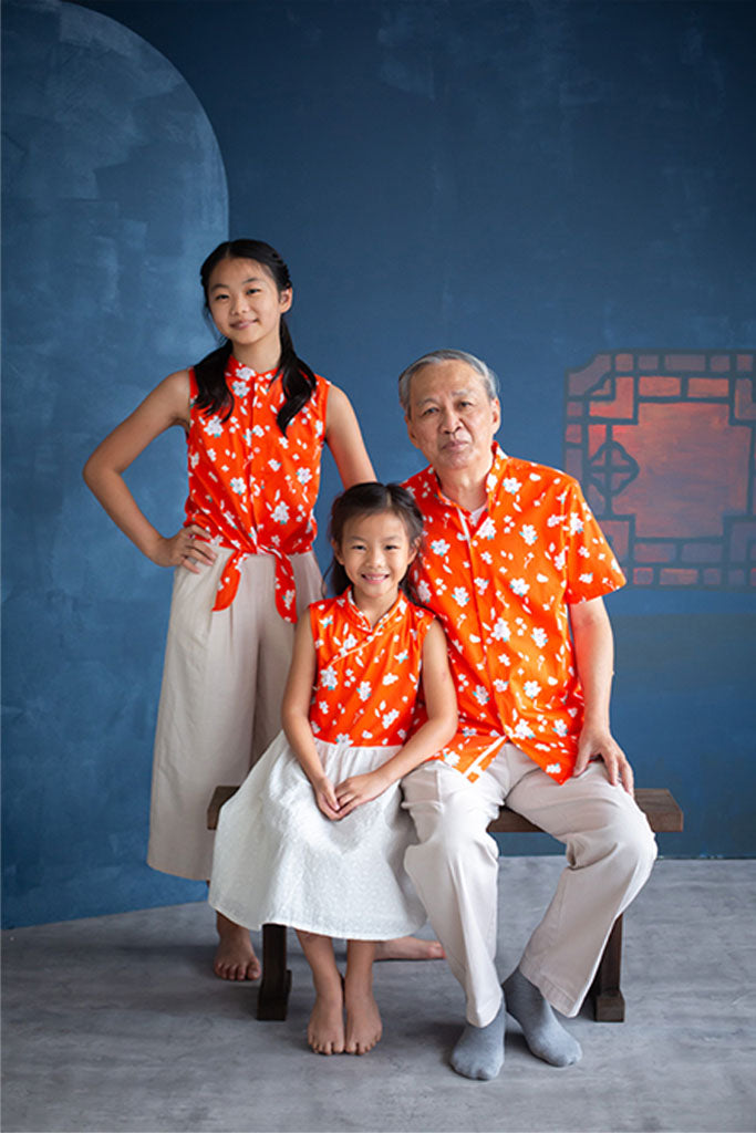 Men&#39;s Mandarin-collared Shirt - Sunset Sakura | CNY2022 Family Twinning Set | The Elly Store Singapore
