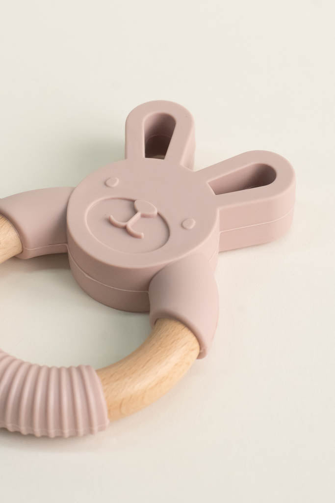 Silicone and Wood Pink Bunny Teething Ring