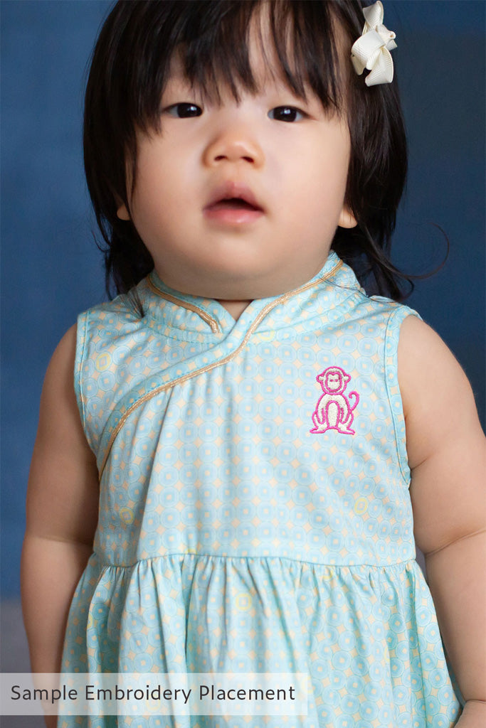 Flare Cheongsam - Turquoise Coins with Chinese Zodiac Animal Embroidery Sample The Elly Store